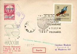 Poland 1961 Souvenir Cover 30th Cup Balloon Competition Posted By Balloon Post From/to Poznan Cancel 30th Trade Fair - Ballonnen