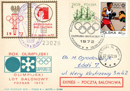 Poland 1972 Thincard Posted By Balloon Post From Poznan To Lodz With Special Cancel Olympic Games Sapporo And Munich - Palloni