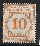 MALAYA - MALAYAN POSTAL UNION 1936 10c POSTAGE DUE SG D4 MOUNTED MINT Cat £28 - Malayan Postal Union
