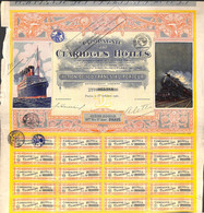 Compagnie Des Claridges Hôtels - Action De 100 Francs (Illustrée Paquebot Train Vapeur 1921 + Coupons) - Transporte