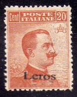 COLONIE ITALIANE EGEO 1921 - 1922 LERO (LEROS) CENT. 20c CON FILIGRANA WATERMARK MNH FIRMATO SIGNED - Egeo (Lero)