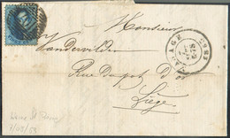 N°15 - Médaillon 20 Centimes Bleu , Obl. P.107 Sur Lettre Datée De HAINE-SAINT-PIERRE + Càd De MANAGE le 7 Sept. 1863 Ve - 1863-1864 Medaillen (13/16)