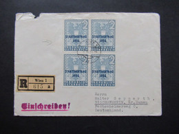 1955 Staatsvertrag Nr. 1017 Viererblock 1x Plattenfehler I "Spinnweben" Einschreiben Wien 1 Ank. Bischofsheim über Hanau - Lettres & Documents