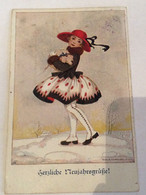 POSTCARD Illustrators - Signed > Koehler, Mela KINDER GIRL WITH PIG HAPPY NEW YEAR  AK OLD USED POSTCARD - Köhler, Mela