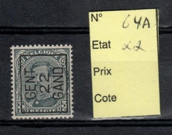 Préoblitéré Typo N° 64 A Gand 1922 XX - Tipo 1922-26 (Alberto I)