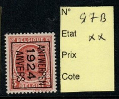 Préoblitéré Typo N° 97 B Anvers 1924 XX - Typo Precancels 1922-31 (Houyoux)