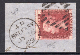 Ireland 1844 Numeral Cancellations: 62 Belfast Duplex On Piece, 1864 1d Red, Plate 105, DJ, 1869, SG 43/4 - Vorphilatelie