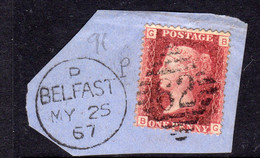 Ireland 1844 Numeral Cancellations: 62 Belfast Duplex On Piece, 1864 1d Red, Plate 91, GB, 1867, SG 43/4 - Vorphilatelie