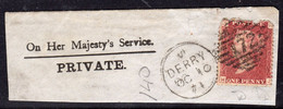 Ireland 1844 Numeral Cancellations: 172 Derry Londonderry On Piece, 1864 1d Red, Plate 140, JH, SG 43/4 - Prephilately