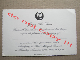 JAL Japan Air Lines / Invitation Card - Cocktail Party At Hotel " METROPOL ", Belgrade ( 1976 ) - Billetes