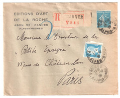 CANNES Alpes Maritimes Lettre Entête EDITION ART LA ROCHE Recommandée 30c Semeuse Bleu 75c Pasteur Yv 192 177 - Storia Postale