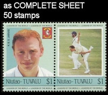 CV:€143.50 TUVALU-NIUTAO 1985 Cricket K.B.S. Jarvis $1 COMPLETE SHEET:50 Stamps - Tuvalu