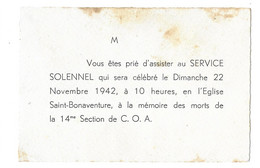 1942 EGLISE SAINT BONAVENTURE - A LA MEMOIRE DES MORTS DE LA 14EME DE COA - INVITATION AU SERVICE SOLENNEL - Décès