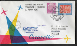 GERMANIA - PRIMO VOLO FINNAIR CARAVELLE - FIRST FLIGHT - FRANKFURT/HELSINKI - 1.04.1960 SU BUSTA UFFICIALE - Cartas & Documentos