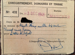 Algérie, Mascara, 3 Décembre 1948, Reçu "ENREGISTREMENT, DOMAINES Et TIMBRE", N° 432 - Zonder Classificatie