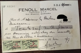 Algérie, Mascara, Reçu Expertise Immobilière Faite Par FENOLL Marcel (succession), Ingénieur ETP, 16 Mai 1947 - Zonder Classificatie