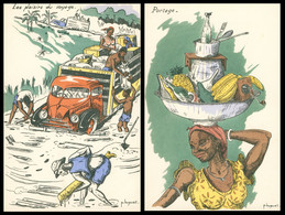 2 Cp - HUGUET - Colonialisme Satirique - Noirs - Les Plaisirs Du Voyage - Portage - Esclaves - Afrique - Huguet