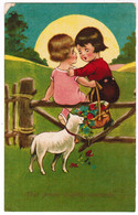 2 Little Kids With Flowers And Lamb, Petites Enfants Avec Fleurs,   (pk67640) - Dessins D'enfants