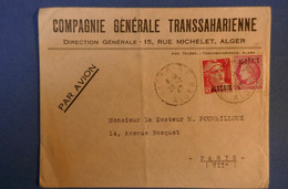519 ALGERIE LETTRE 1947 ALGER POUR PARIS PAR AVION + CIE TRANSSAHARIENNE +AFFRANCH. PLAISANT - Lettres & Documents
