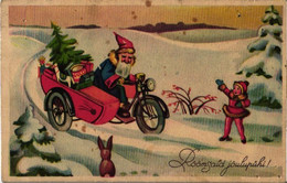 Santa Claus Driving Sidecar, Motorbike, Gifts, Christmas Tree, Pre 1940 - Motos