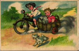 Kids Driving Sidecar, Motorbike, Running Dog, Lydi. Pre 1940 - Motos