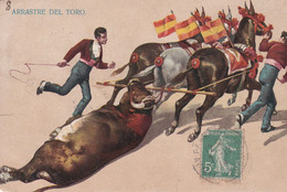 TAUROMACHIE . CORRIDA . Arrastre Del Toro (Taureau Mort, Traîné Hors De L'Arène Par Chevaux Ornés De Drapeaux ) - Stierkampf