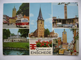 Netherlands - Groeten Uit Enschede - Traffic, Old Bus, Old Cars - Posted 1970s - Enschede