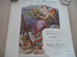 Diplôme Tir De Guerre Union Des Sociétés De Tir De France 09/03/1913 Illustré Par Lessieux  31 X 38 - Diploma's En Schoolrapporten