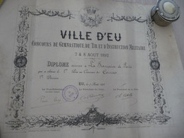 Diplôme Concours De Tir Et De Gymnastique Ville D'Eu Litho Bobineau 08/08/1892 Courses 1er Prix 36 X 27 - Diploma's En Schoolrapporten