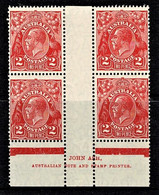 Australia 1930 King George V 2d Golden Scarlet SMW P13.5 Ash Imprint Block Of 4, Stamps MNH - Ungebraucht