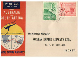 (GG 4) QANTAS Airways -Australia To South Africa Stamp Flight Opening (with 2 Mauritius Stamps) P/m 1952 - Premiers Vols