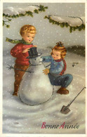 Enfants Et Bonhomme De Neige * CPA Illustrateur * Snowman * Bonne Année * Neige Hiver - Autres & Non Classés