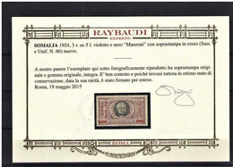 SOMALIA 1924 MANZONI 6 VALORI CENTRATI ** MNH LUSSO CERT. ORO RAYBAUDI - Somalie