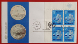 UNITED NATIONS UNO NEW YORK 1970 FDC GENEVA CACHET NEW YORK PAIX JUSTICE ET PROGRES BLOC OF FOUR - Storia Postale