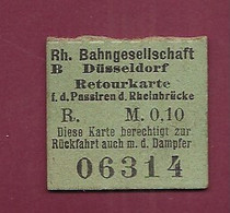 250121 TICKET CHEMIN DE FER TRAM METRO - ALLEMAGNE DUSSELDORF Bahngesellschaft Rh B R M.0,10 06314 - Europe