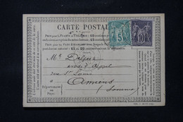 FRANCE - Carte Précurseur De Paris Pour Amiens En 1877, Affranchissement Sage 5 +10 Ct - L 86355 - Cartes Précurseurs