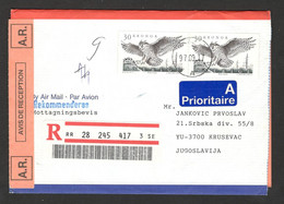 SWEDEN TO SERBIA- NICE "R" TRAVELED LETTER - MULTI FRANKED-BIRDS - Covers & Documents