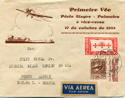 BRESIL LETTRE PRIMEIRO VOO PORTO ALEGRE - PALMEIRA E VICE-VERSA 17 DE OUTUBRO DE 1933 DEPART PALMEIRA 17 OUT 33......... - Luftpost (private Gesellschaften)