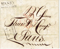 LAC De Basle (basle) Du 9 Octobre 1821 Vers Paris Passage Suisse Par Huringue  9 De Port, Verso Cachet Rouge 27mm - 1801-1848: Précurseurs XIX
