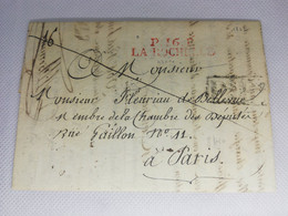 Ancienne Lettre Marque Postale Charente Inférieure Ou Maritime La Rochelle P16P Rouge 43X10 1825 Valeur = 120 - 1792-1815: Départements Conquis