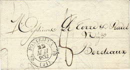 1832- Lettre De PONTRIEUX ( Côte D'Armor ) Cad T12 Taxe 8 D. Pour Bordeaux - 1792-1815: Conquered Departments