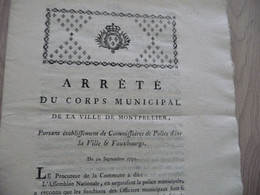 Montpellier Révolution 10/09/1791 Arrêté Du Corps Municipal établissement Commissaires De Police Dans Les Faubourgs - Decretos & Leyes