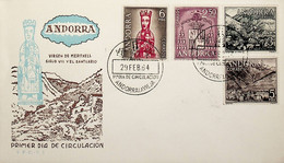 1964 Andorra FDC Tipos Diversos - Virgen De Meritxell Patrona D'Andorra - Lettres & Documents