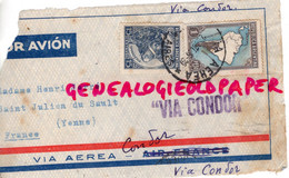 ARGENTINE- DEVANT ENVELOPPE VIA AEREA CONDOR-AIR FRANCE- MME HENRI JORRE -ST SAINT JULIEN DU SAULT YONNE-1920 - Cartas & Documentos