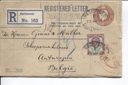 REF3252/UK Registered Letter Uprated Dartmouth 1912 > Belgium Antwerp Arrival Cancellation Antwerpen / Anvers Via London - Andere & Zonder Classificatie