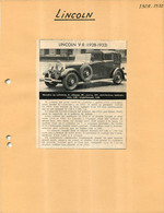 AUTOMOBILE LINCOLN V8 1928-1932 EXTRAIT DE JOURNAL COLLE SUR CARTON 21 X 27 CM - Voitures