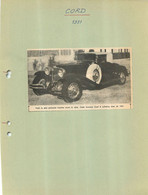AUTOMOBILE CORD 1931 EXTRAIT DE JOURNAL COLLE SUR CARTON 21 X 27 CM - Voitures