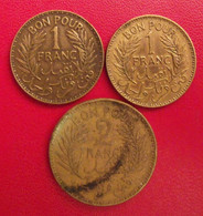 3 Pièces De Tunisie. 1 & 2 Francs. 1941-1945 - Túnez