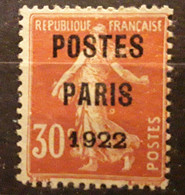 France Preo  Preobliteres 1922,Yvert No 32,Semeuse Camee 30 C Rouge POSTES PARIS 1922 VARIETE ANNEAU LUNE  Neuf (*)TTB - 1893-1947