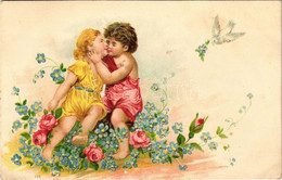 ** T2/T3 Romantic Children Couple Kissing. Floral, Litho (EK) - Zonder Classificatie